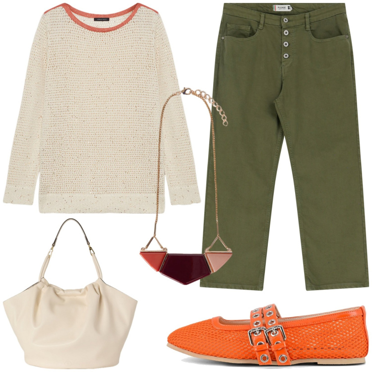 Outfit donna - Look da giorno. Stile Casual per Tutti i giorni. Abbinamento con pantaloni, ballerine, maglieria, borse a secchiello, ciondoli.