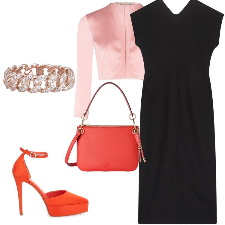 Outfit donna - Elegante. Stile Chic per Serata fuori. Abbinamento con anelli, bolero, décolleté, vestiti lunghi, borse a tracolla.