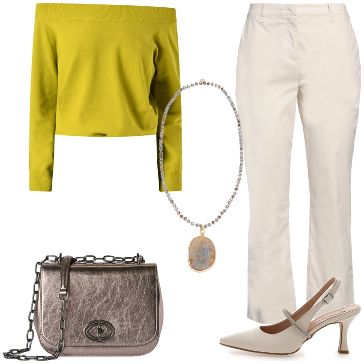 Outfit donna - Chic in ufficio. Stile Casual chic per Ufficio. Abbinamento con pantaloni, maglieria, décolleté, ciondoli, borse a tracolla.