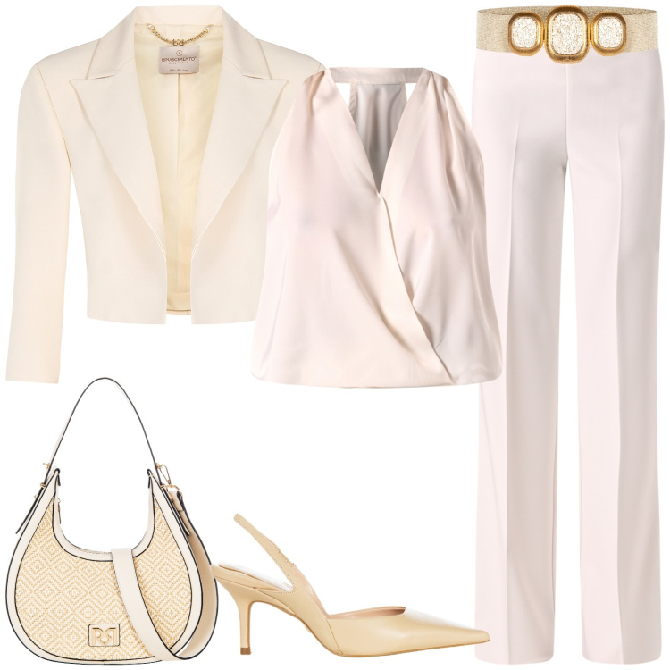 Outfit donna - Promessa di Matrimonio. Stile Chic per Cerimonia. Abbinamento con pantaloni a palazzo, top, cinture, décolleté, bolero, borse a mano.