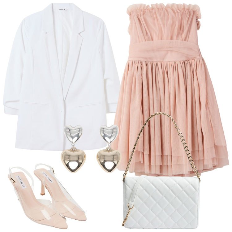 Outfit donna - Bianco ottico e rosa cipria. Stile Glamour per Cerimonia. Abbinamento con vestiti corti, blazer, sandali col tacco, orecchini, borse a tracolla.