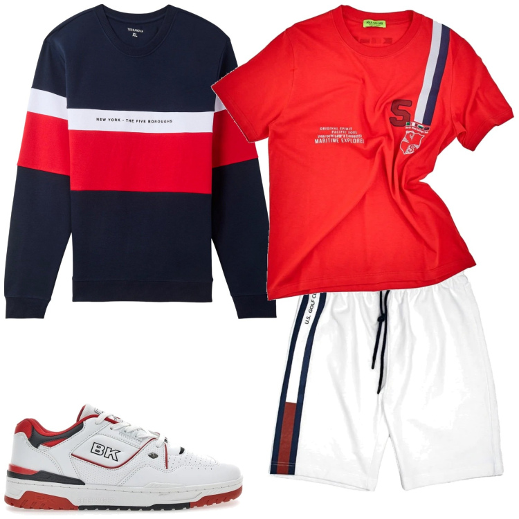 Outfit uomo - Bianco rosso blu. Stile Casual per Tutti i giorni. Abbinamento con felpe con cappuccio, t-shirt, sneakers, pantaloni corti.