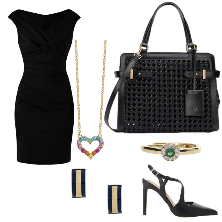 Outfit donna - Elegante. Stile Chic per Serata fuori. Abbinamento con décolleté, anelli, collane, vestiti a tubino, orecchini, borse a mano.