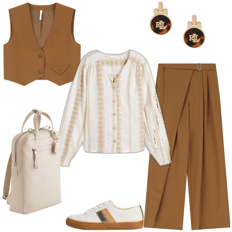 Outfit donna - Minimalismo primaverile. Stile Minimal per Tutti i giorni. Abbinamento con camicie, pantaloni a palazzo, gilet, sneakers, orecchini, zaini.