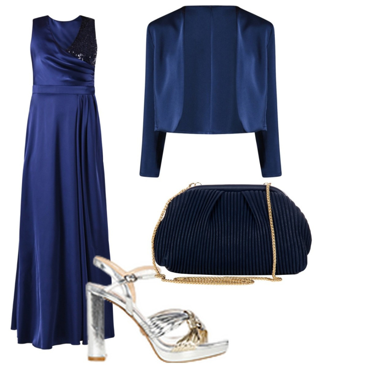 Outfit donna - Matrimonio primaverile. Stile Glamour per Cerimonia. Abbinamento con vestiti lunghi, pochette, bolero, sandali in pelle.