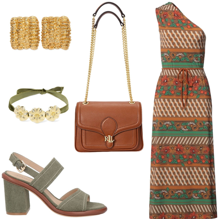 Outfit donna - Abito monospalla. Stile Casual chic per Serata fuori. Abbinamento con vestiti lunghi, sandali in pelle, borse a spalla, collane, orecchini.