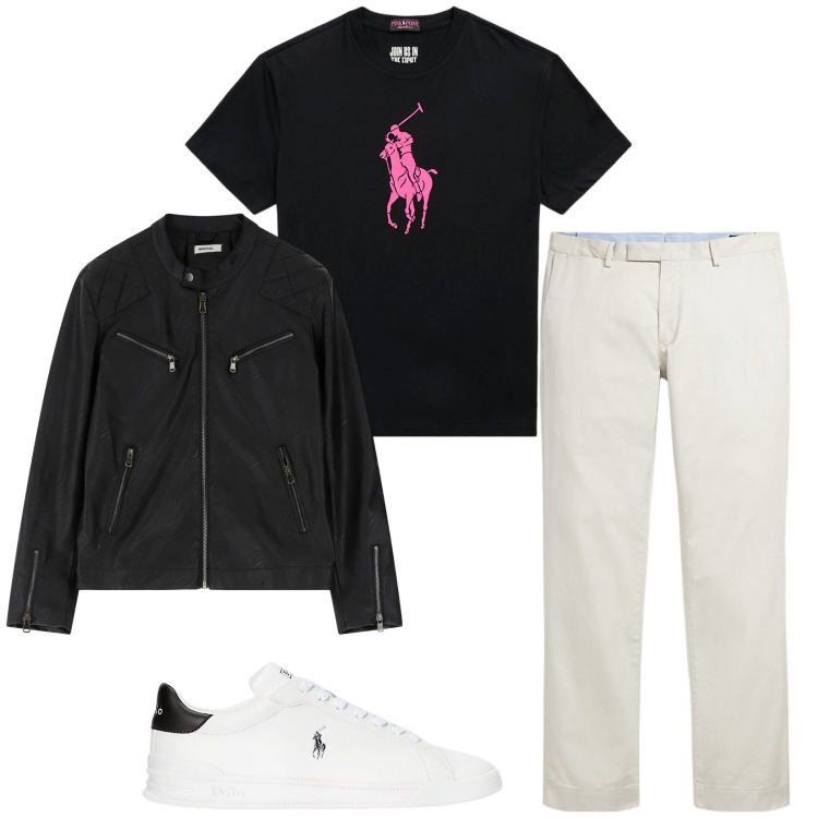 Outfit uomo - In pizzeria. Stile Casual per Tutti i giorni. Abbinamento con giacche, pantaloni chino, sneakers, t-shirt.