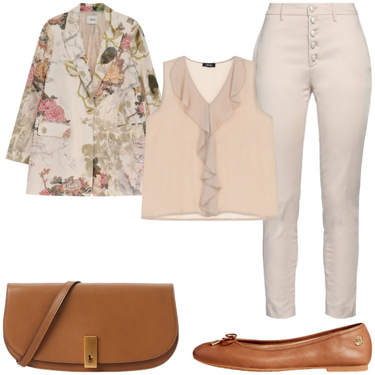 Outfit donna - Blazer floreale. Stile Casual chic per Tutti i giorni. Abbinamento con pantaloni skinny, top, blazer, clutch, ballerine.