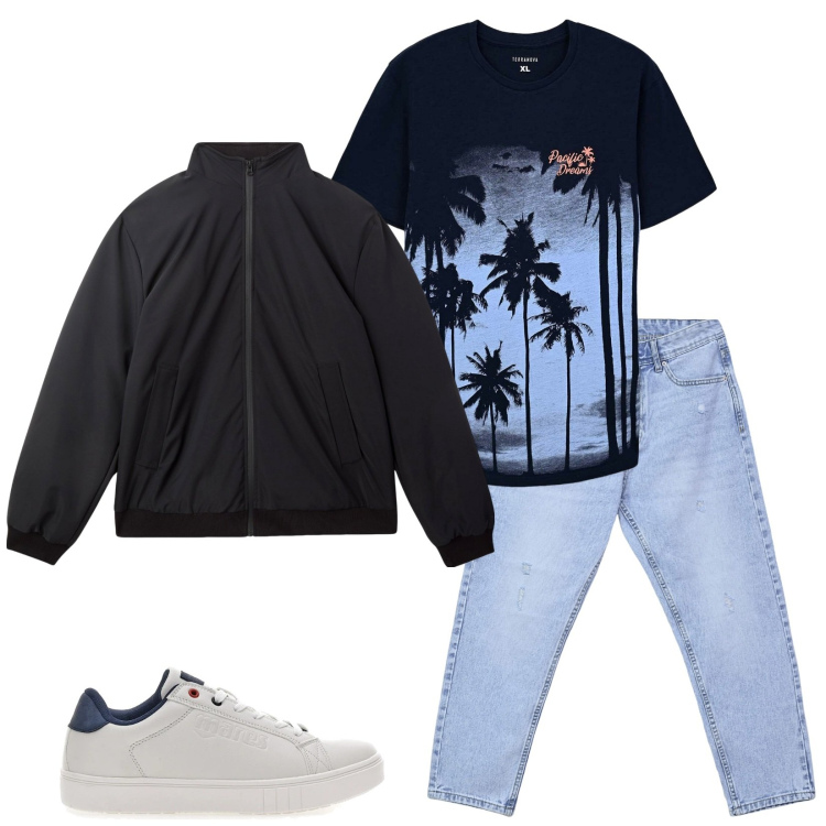 Outfit uomo - With Friends. Stile Casual per Tutti i giorni. Abbinamento con t-shirt, giacche, jeans strappati, sneakers.