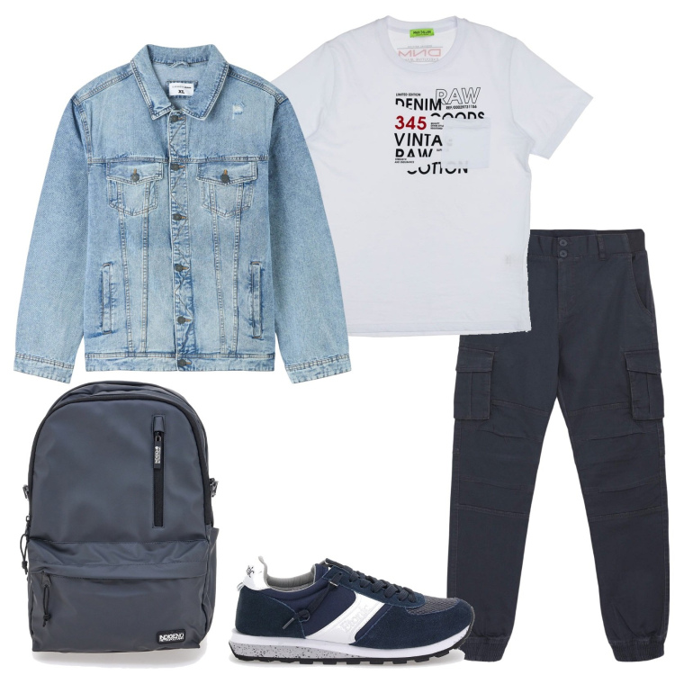 Outfit uomo - A scuola. Stile Casual per Tutti i giorni. Abbinamento con giacche, pantaloni cargo, t-shirt, sneakers, borse sportive.