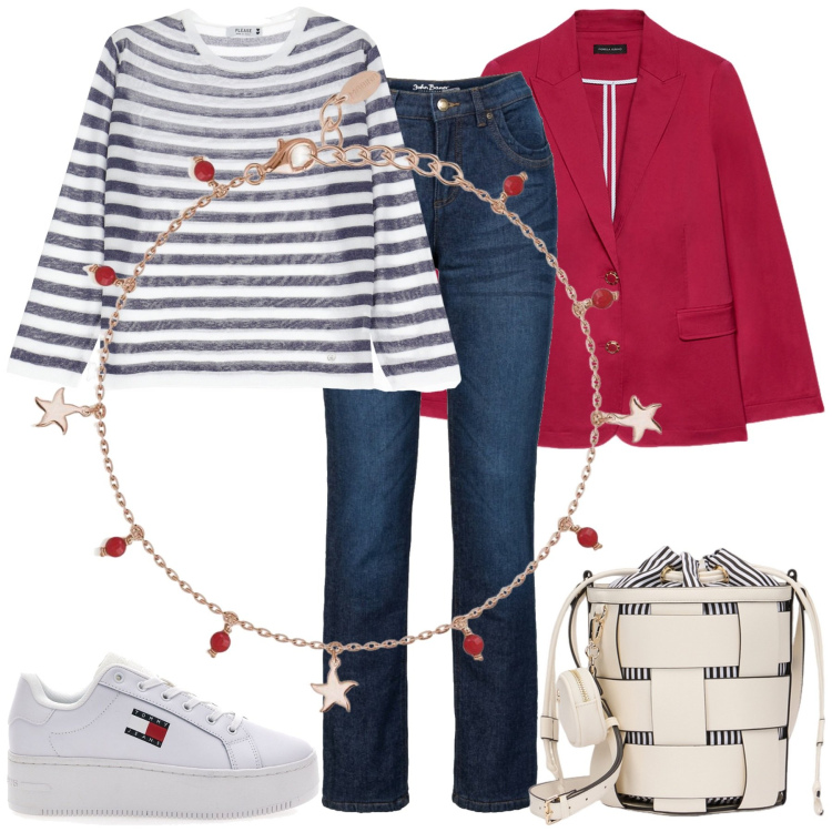 Outfit donna - Riviera. Stile Sporty chic per Scuola/Università. Abbinamento con jeans dritti, braccialetti con ciondoli, maglieria, sneakers, blazer, borse a secchiello.