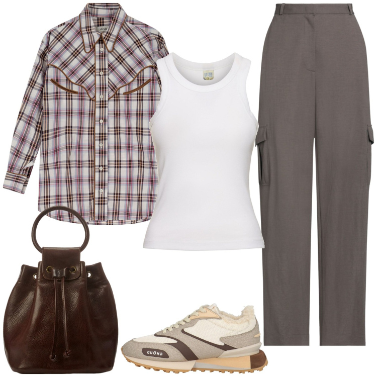 Outfit donna - Pasquetta in campagna. Stile Casual per Tutti i giorni. Abbinamento con sneakers, pantaloni cargo, camicie, borse a secchiello, canottiere.