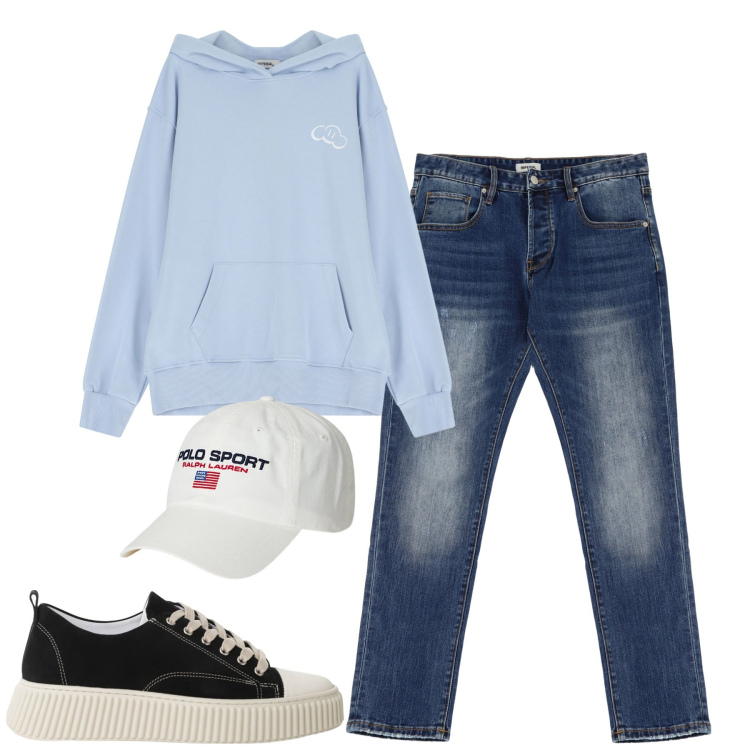 Outfit uomo - Total look #2105700. Stile Casual per Tutti i giorni. Abbinamento con sneakers, felpe con cappuccio, jeans dritti, berretti.