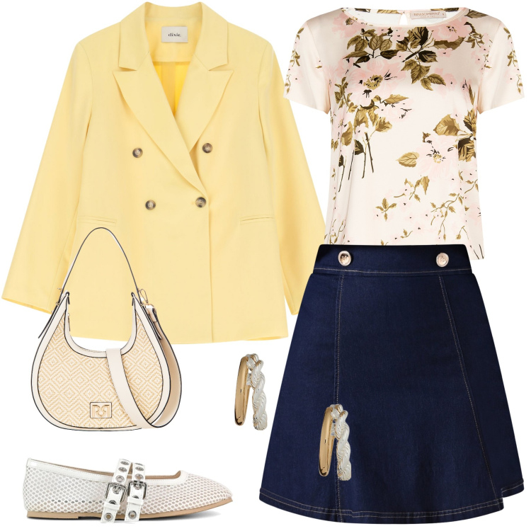 Outfit donna - Giallo e jeans. Stile Casual chic per Tutti i giorni. Abbinamento con minigonne, bluse, borse a mano, blazer, orecchini, ballerine.