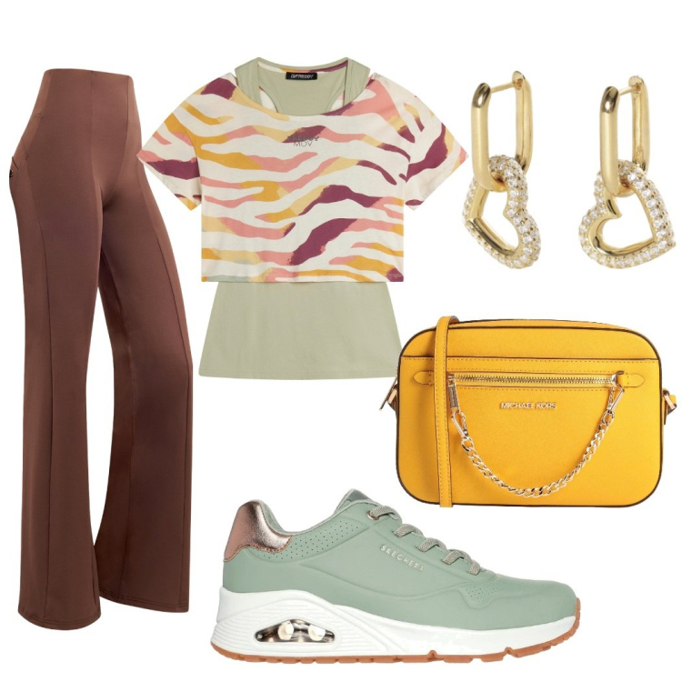 Outfit donna - Brio. Stile Casual per Tutti i giorni. Abbinamento con borse a tracolla, orecchini, t-shirt, pantaloni skinny, sneakers.