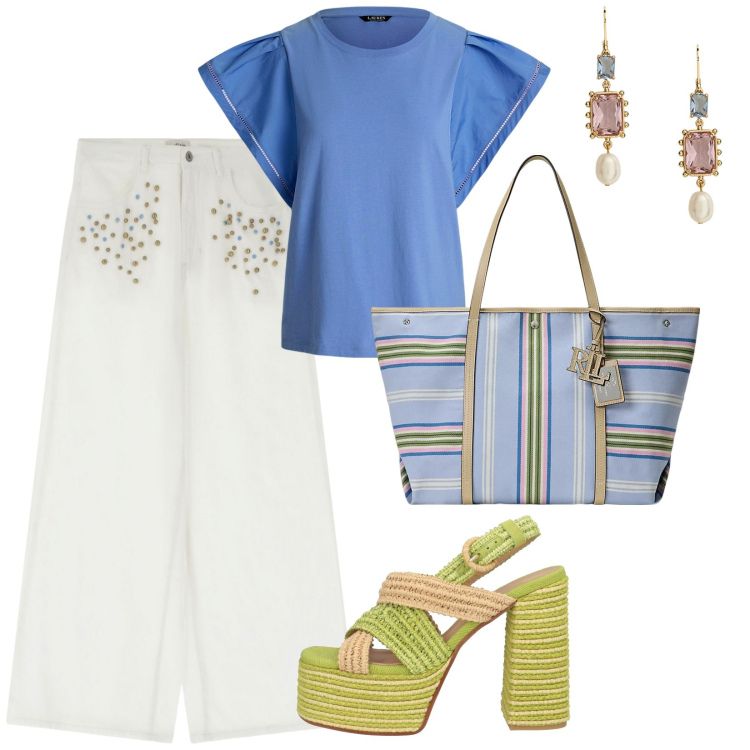 Outfit donna - Casual molto chic. Stile Casual chic per Ufficio. Abbinamento con sandali in pelle, jeans, borse tote, orecchini, t-shirt.