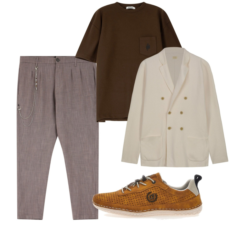 Outfit uomo - Aprile. Stile Casual per Tutti i giorni. Abbinamento con pantaloni, t-shirt, scarpe stringate, cardigans.
