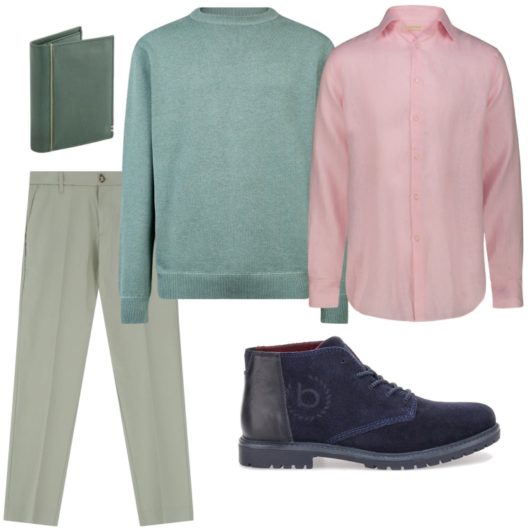 Outfit uomo - Tinte primavera. Stile Urban per Tutti i giorni. Abbinamento con pantaloni, scarpe stringate, camicie, maglieria, portafogli.
