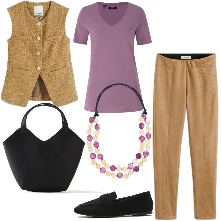 Outfit donna - Minimalismo primaverile. Stile Casual per Tutti i giorni. Abbinamento con pantaloni, t-shirt, gilet, mocassini, borse a mano, collane.