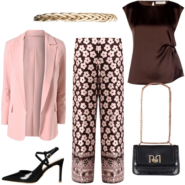 Outfit donna - Eleganza e comodità per una cerimonia. Stile Chic per Cerimonia. Abbinamento con pantaloni a palazzo, décolleté, blazer, top, borse a tracolla, cinture.