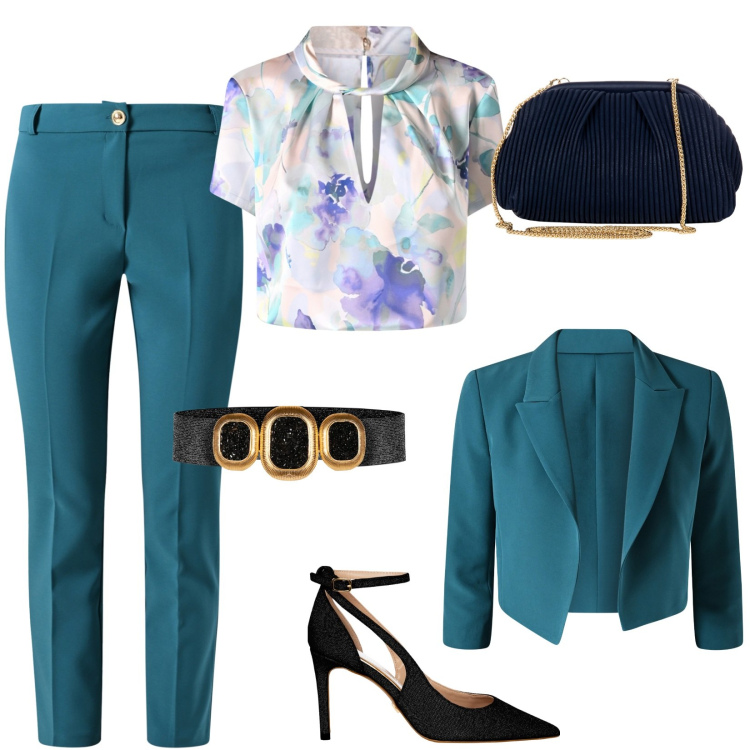 Outfit donna - All\'inaugurazione di una mostra d\'arte. Stile Chic per Cerimonia. Abbinamento con pochette, bluse, pantaloni, décolleté, blazer, cinture.