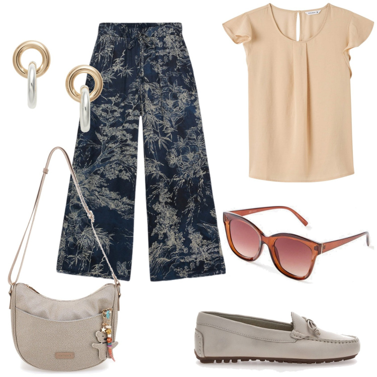 Outfit donna - Praticità low cost. Stile Basic per Tutti i giorni. Abbinamento con occhiali da sole, bluse, orecchini, mocassini, pantaloni a palazzo, borse a tracolla.
