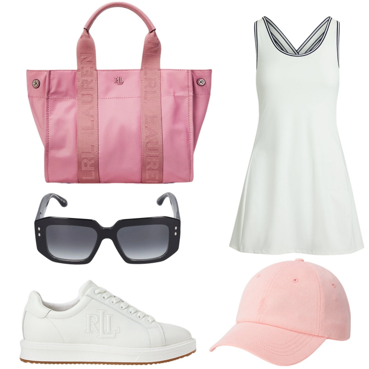 Outfit donna - Partita al Tennis Club. Stile Sporty chic per Sport. Abbinamento con sneakers, vestiti, borse tote, cappelli, occhiali da sole.