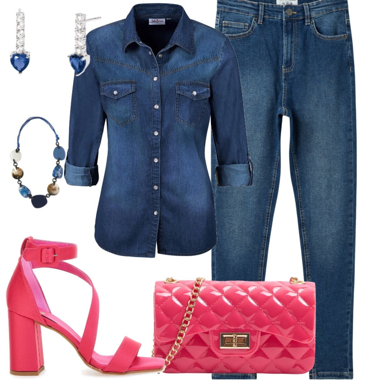 Outfit donna - Aperitivo con le amiche. Stile Casual per Tutti i giorni. Abbinamento con camicie, borse a tracolla, jeans skinny, orecchini, sandali col tacco, collane.