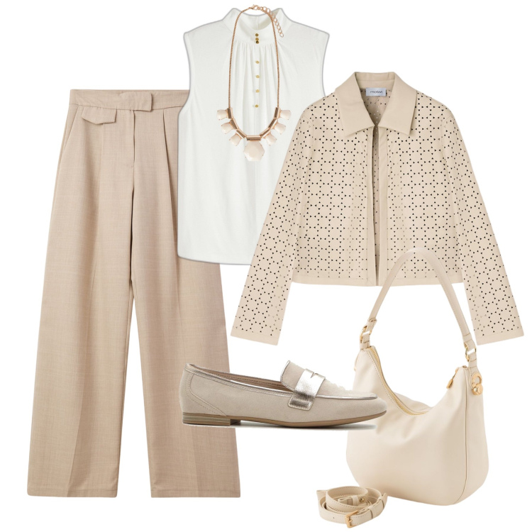 Outfit donna - Tonalità nude in ufficio. Stile Glamour per Ufficio. Abbinamento con top, mocassini, pantaloni, blazer, borse a tracolla, collane.