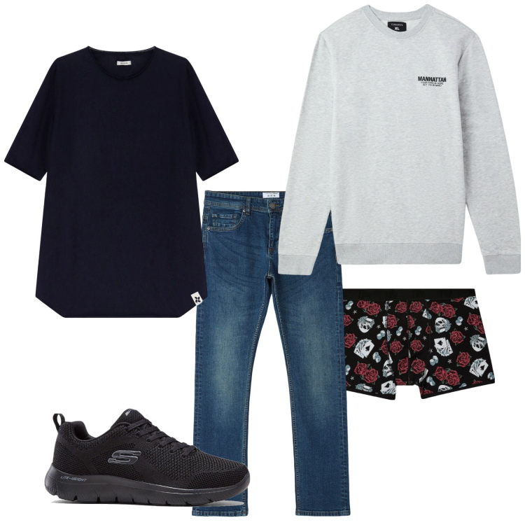 Outfit uomo - Total look #2105751. Stile Casual per Tutti i giorni. Abbinamento con sneakers, felpe, boxer, jeans dritti, t-shirt.