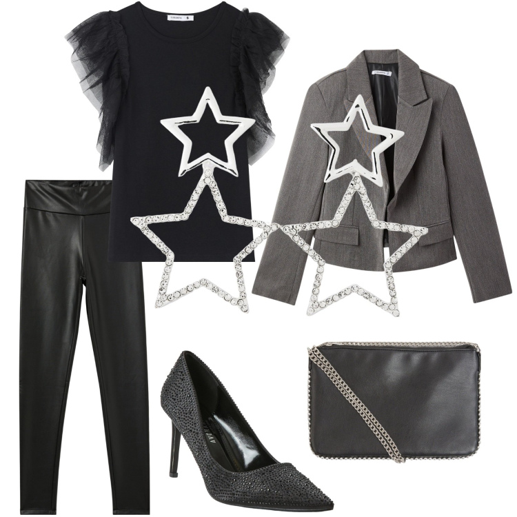 Outfit donna - Una festa stellare. Stile Rock per Serata fuori. Abbinamento con t-shirt, orecchini, borse a tracolla, treggings, blazer, décolleté.