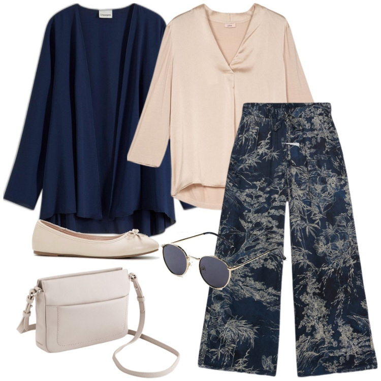 Outfit donna - Disegni orientali. Stile Casual chic per Tutti i giorni. Abbinamento con ballerine, occhiali da sole, blazer, pantaloni a palazzo, bluse, borse a tracolla.