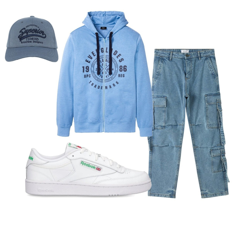 Outfit uomo - Total look #2105757. Stile Casual per Tutti i giorni. Abbinamento con felpe con cappuccio, cappelli con visiera, jeans, sneakers.