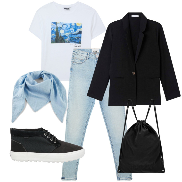 Outfit donna - Total look #2105759. Stile Casual chic per Tutti i giorni. Abbinamento con foulard, sneakers alte, jeans skinny, blazer, t-shirt, zaini.