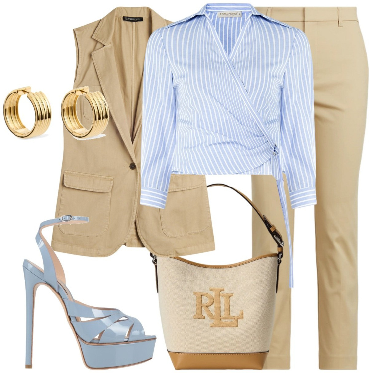 Outfit donna - Righe e beige. Stile Casual chic per Tutti i giorni. Abbinamento con sandali in pelle, camicie, gilet, pantaloni, borse a secchiello, orecchini.