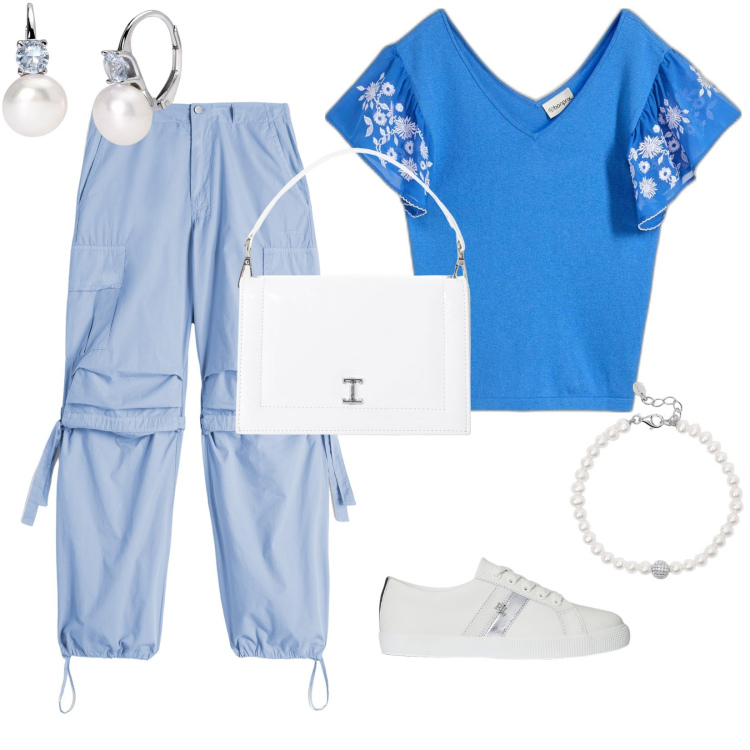 Outfit donna - Cielo di primavera. Stile Urban per Tutti i giorni. Abbinamento con top, braccialetti, orecchini, borse a tracolla, pantaloni cargo, sneakers.