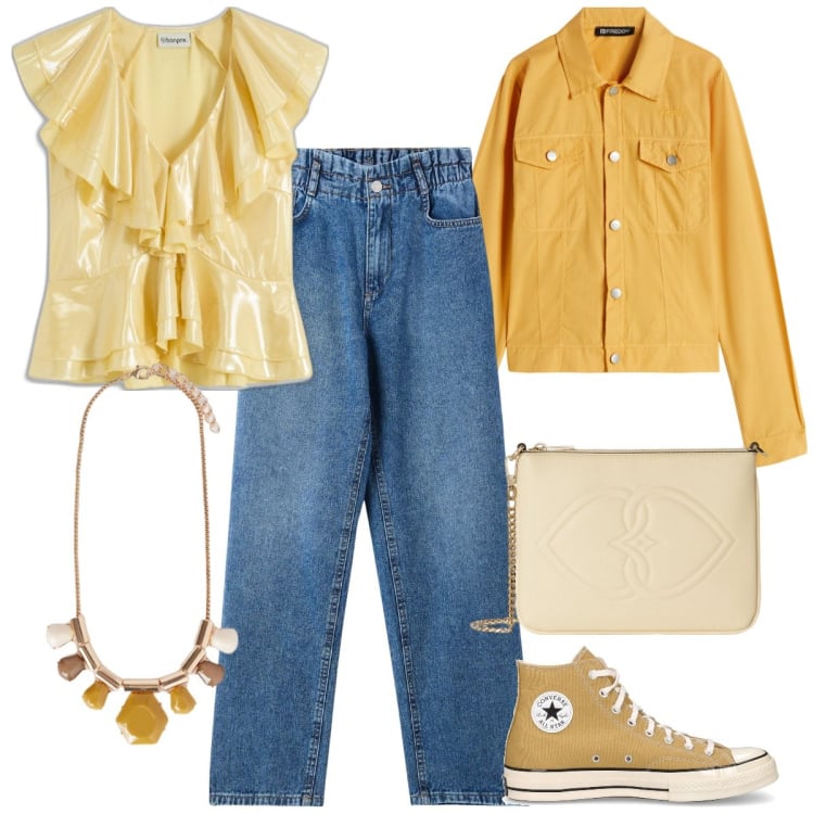 Outfit donna - Total look #2105776. Stile Sporty chic per Tutti i giorni. Abbinamento con bluse, jeans, blazer, sneakers, collane, pochette.