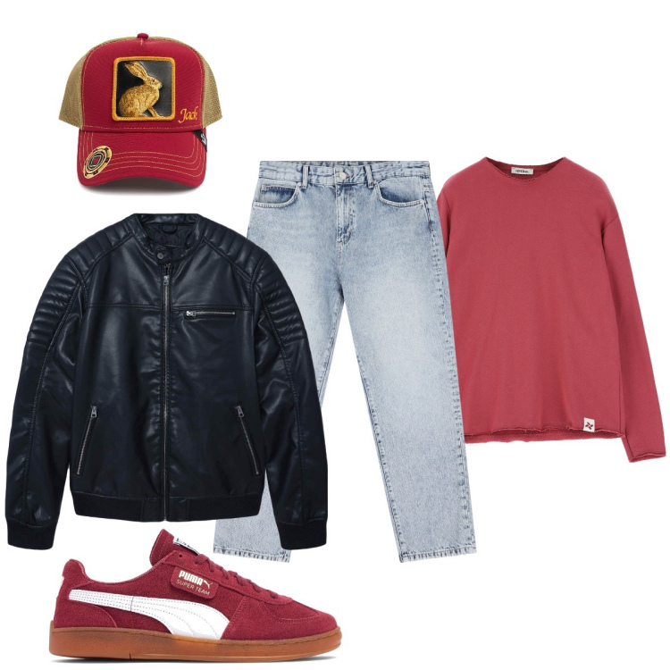 Outfit uomo - Total look #2105780. Stile Urban per Tutti i giorni. Abbinamento con giacche, felpe, jeans dritti, cappelli con visiera, sneakers.
