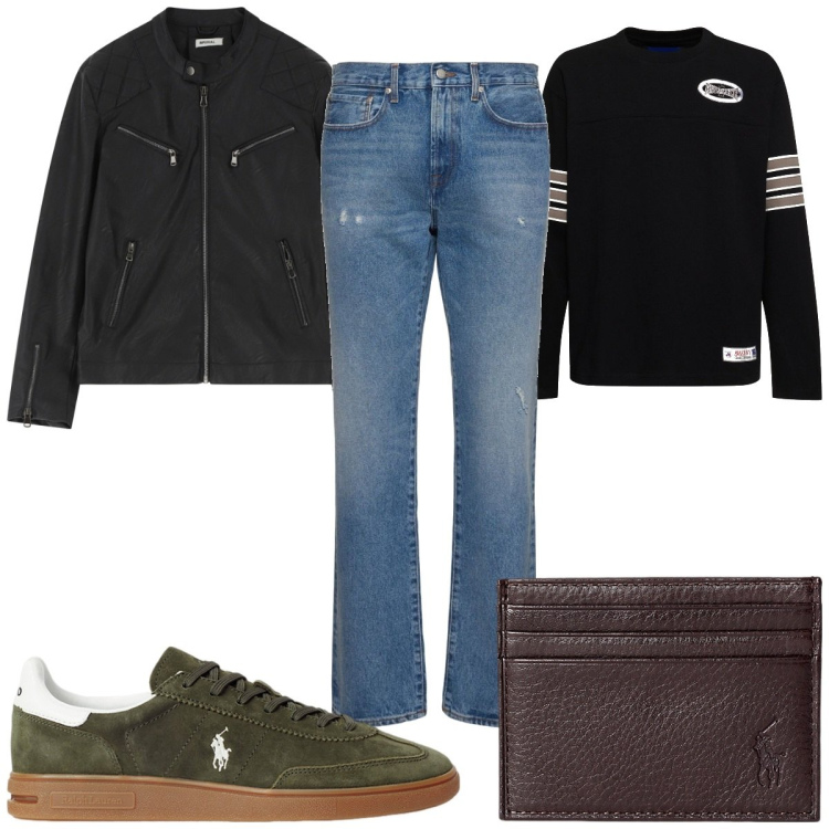 Outfit uomo - Total look #2105787. Stile Casual per Tutti i giorni. Abbinamento con giacche, portafogli, sneakers, jeans, t-shirt.