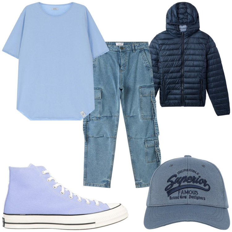 Outfit uomo - Total look #2105793. Stile Trendy per Tutti i giorni. Abbinamento con sneakers alte, cappelli con visiera, piumini, jeans, t-shirt.