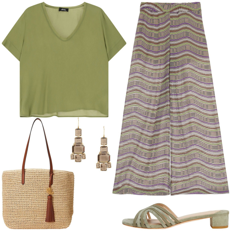 Outfit donna - Aperitivo in spiaggia al tramonto. Stile Casual chic per Mare. Abbinamento con t-shirt, pantaloni, borse tote, sandali in pelle, orecchini.