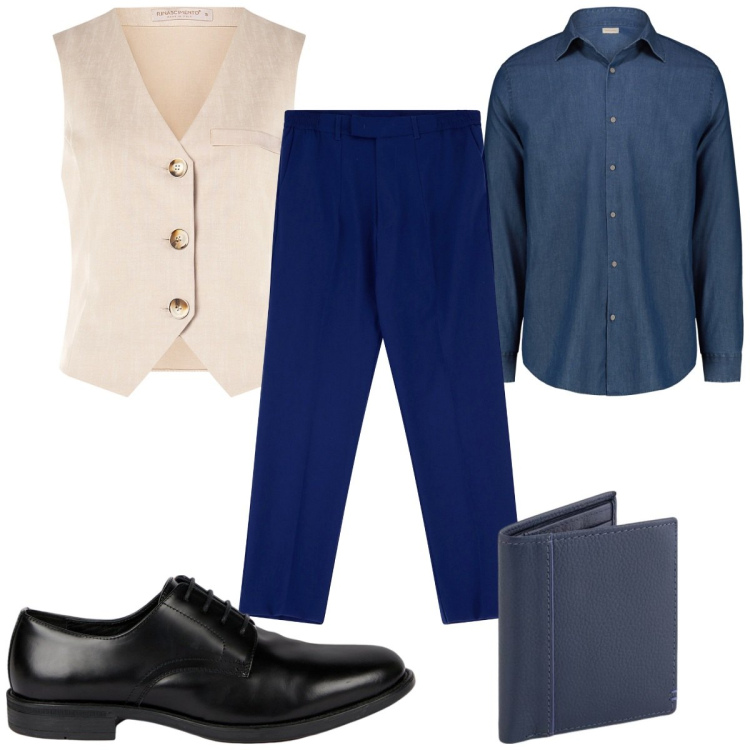 Outfit uomo - Total look #2105795. Stile Casual per Ufficio. Abbinamento con gilet, pantaloni, scarpe stringate, camicie, portafogli.
