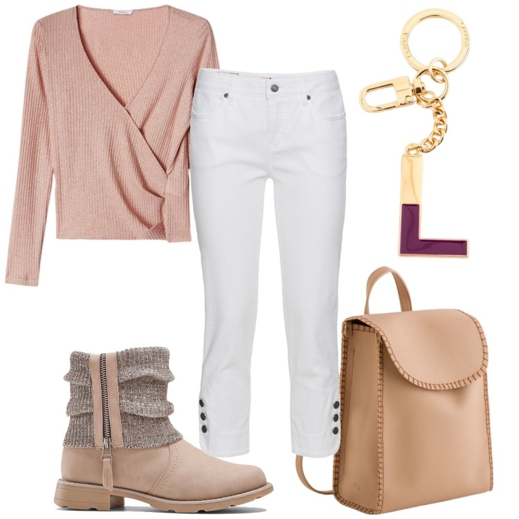 Outfit donna - Total look #2105799. Stile Trendy per Tutti i giorni. Abbinamento con stivaletti, jeans slim fit, maglieria, zaini, portachiavi.