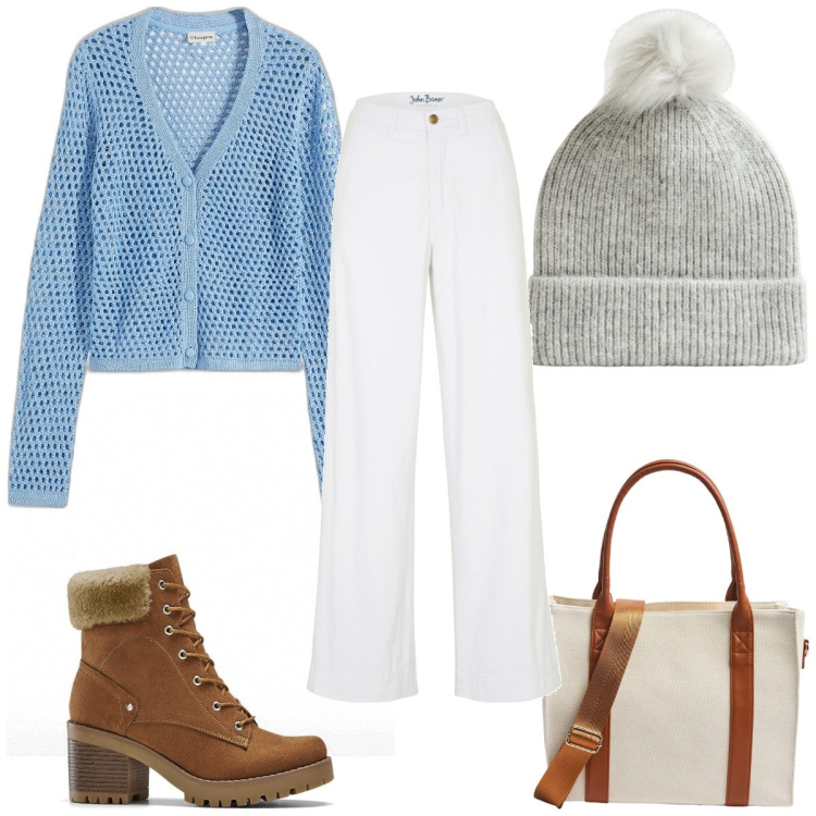 Outfit donna - Total look #2105800. Stile Trendy per Tutti i giorni. Abbinamento con jeans, stivaletti, cardigans, shopping bag, berretti.