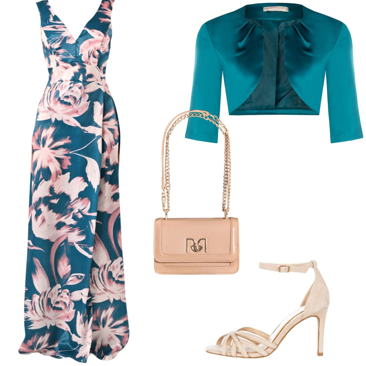 Outfit donna - Cresima di Giulia. Stile Chic per Cerimonia. Abbinamento con vestiti lunghi, bolero, sandali col tacco, borse a tracolla.