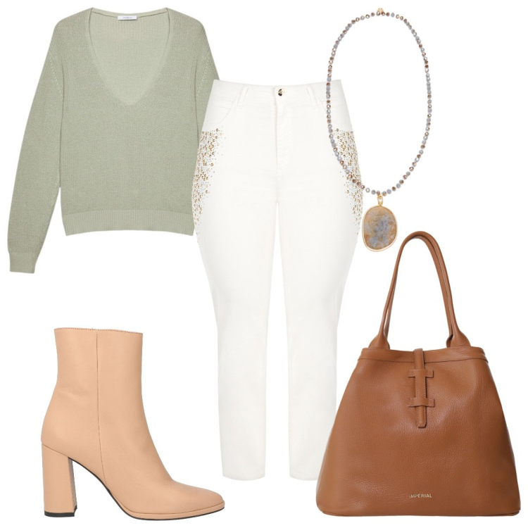 Outfit donna - Total look #2105803. Stile Trendy per Tutti i giorni. Abbinamento con stivaletti, borse tote, jeans dritti, ciondoli, pullovers.