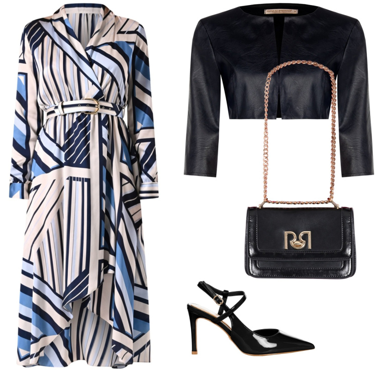 Outfit donna - Invitata alla cena di laurea. Stile Chic per Serata fuori. Abbinamento con vestiti, décolleté, bolero, borse a tracolla.