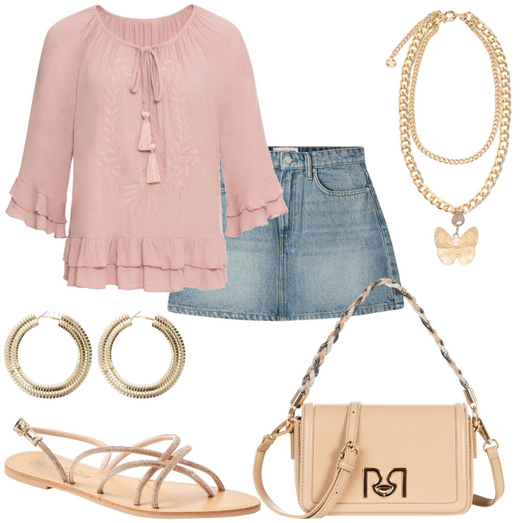 Outfit donna - Casual per la giornata. Stile Casual per Tutti i giorni. Abbinamento con tuniche, sandali, minigonne, borse a tracolla, orecchini, collane.