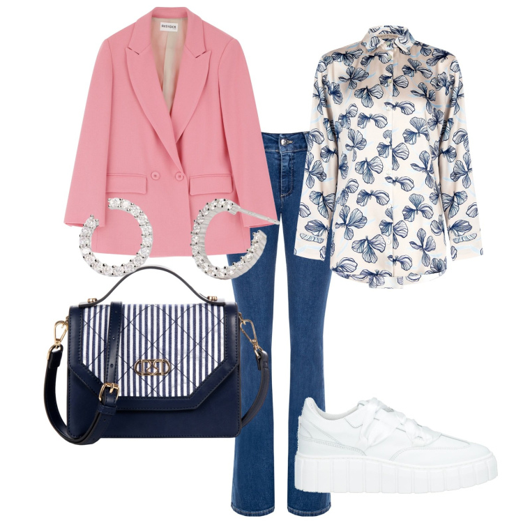 Outfit donna - Primavera chic. Stile Casual chic per Tutti i giorni. Abbinamento con sneakers, blazer, orecchini, camicie, jeans a zampa, borse a mano.