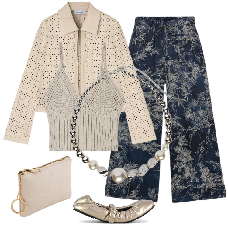 Outfit donna - Denim fantasia di beige. Stile Casual chic per Tutti i giorni. Abbinamento con top, collane, ballerine, pantaloni a palazzo, blazer, portamonete.